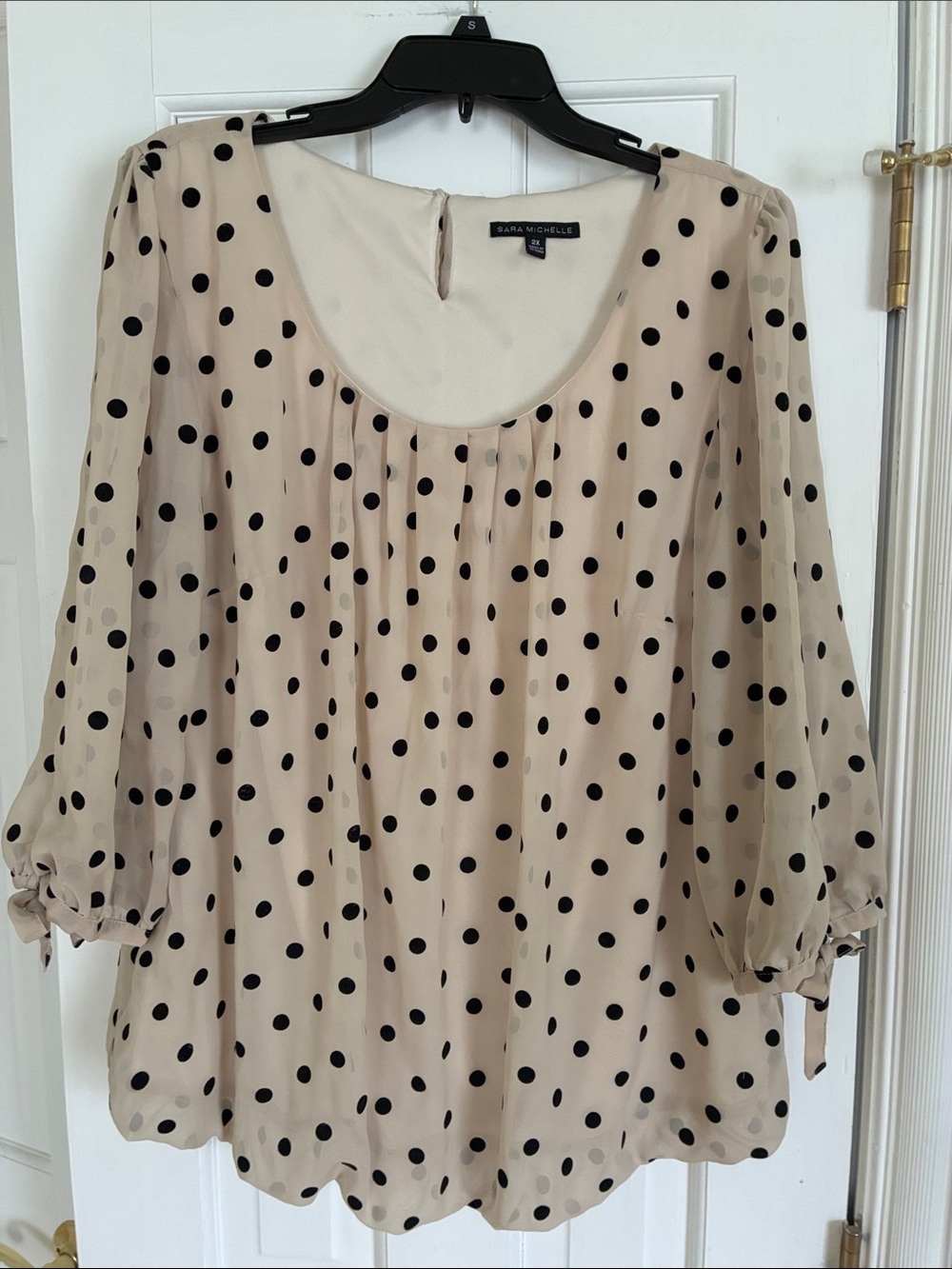 Sara Michelle Beige and Black Polka Dot Blouse - Scoop Neck, 3/4 Sleeve - Picture 2 of 7